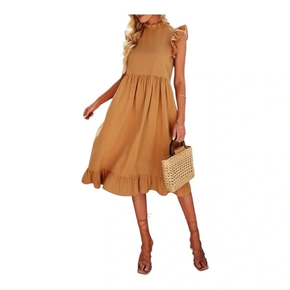 Smock Dress‎ Mock Neck Ruffle Trim Camel Flounce Cap Sleeve Women Size Large - Picture 9 of 10